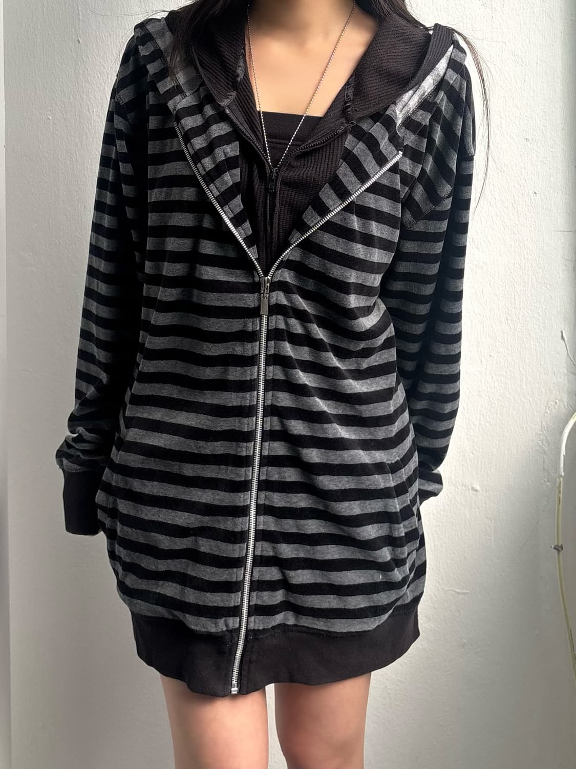 Japanese Vintage Grey Stripe Hood Zip-Up 상품이미지4