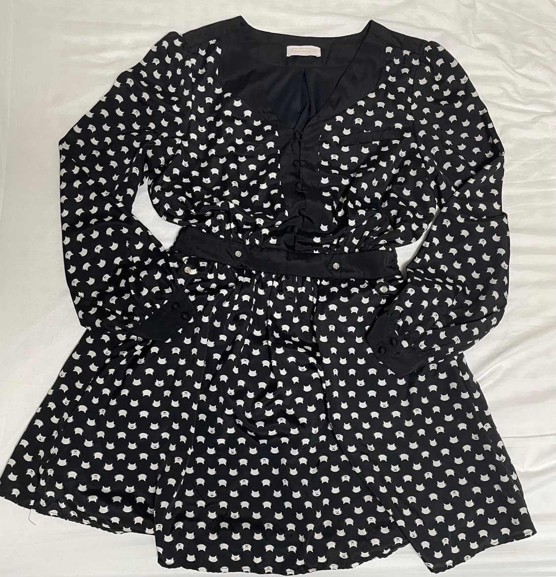 일본빈티지 고양이 패턴 콩단추 주머니있는 원피스 상품이미지2