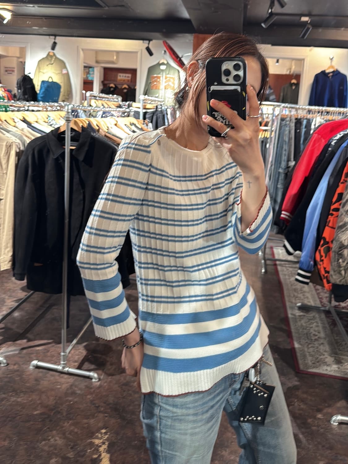 한섬 시스템 은장 스트라이프 패턴 7부 니트 긴팔티 상품이미지1