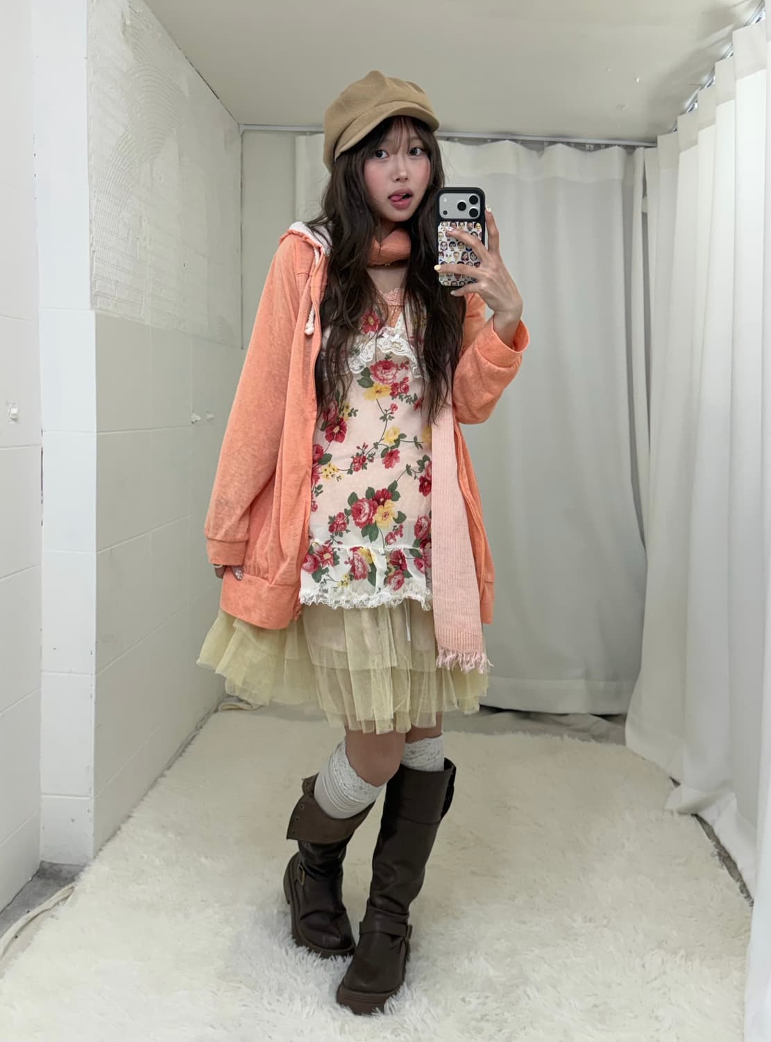 자몽 코랄핑크 플라워패턴 하구미 후드집업 코디세트 상품이미지1