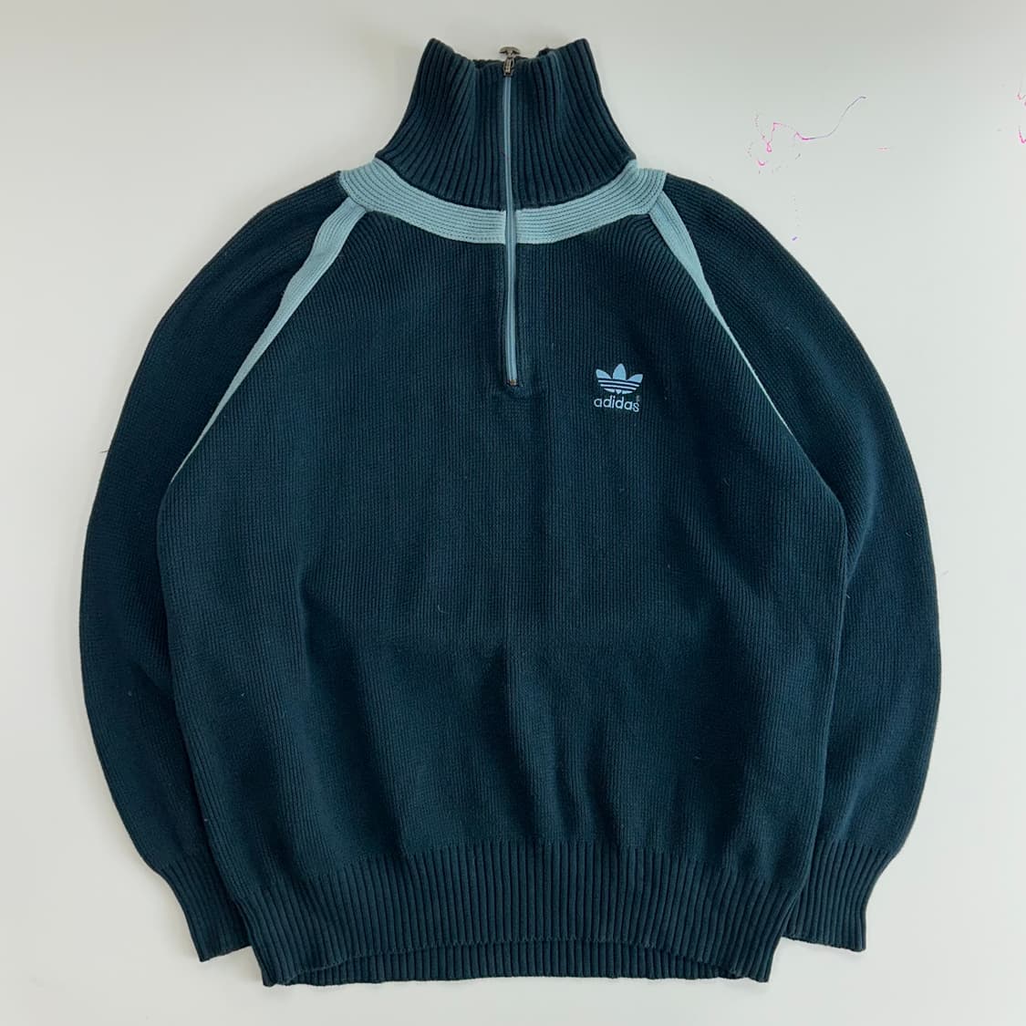 Adidas 아디다스 스카이블루 네이비 배색 니트 반집업 상품이미지3