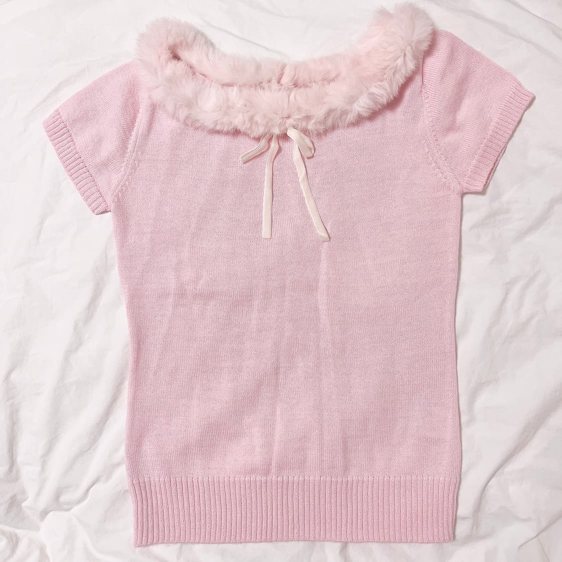 퍼 리본 핑크 니트 로걀탑 히메갸루 라떼갸루 빈티지 핑크 리즈리사깔 상품이미지1