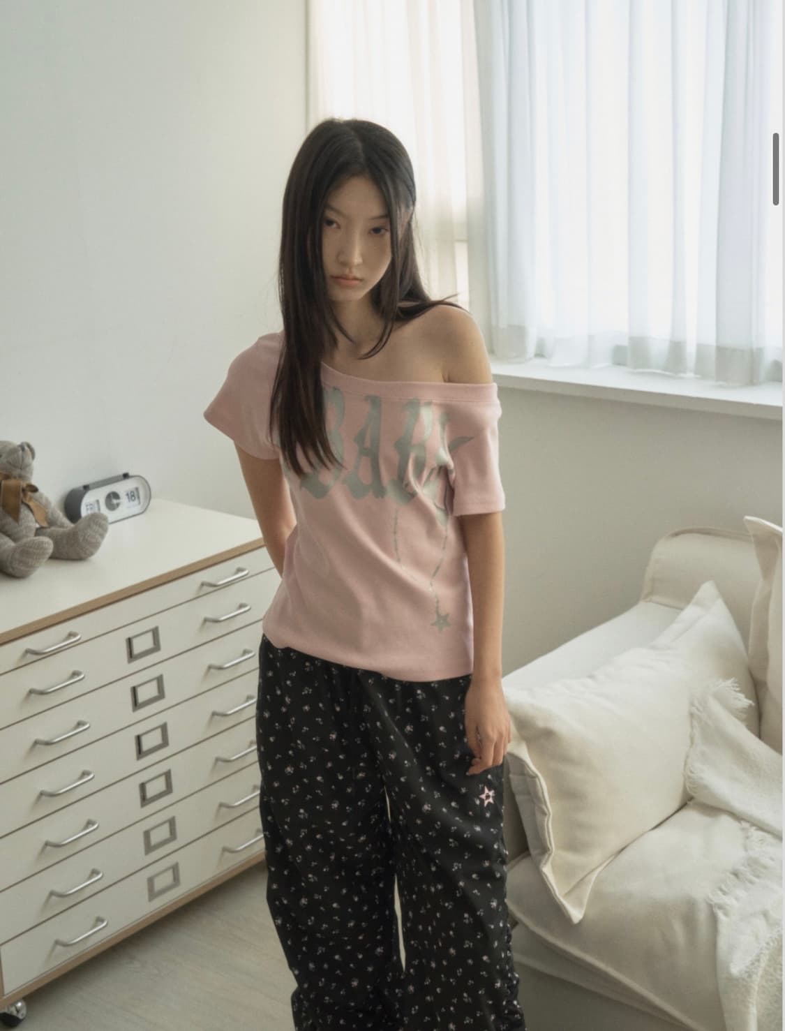 셋업이엑스이 베이비 와이드 넥 탑 핑크 원오프숄더 반팔 티셔츠 상품이미지2