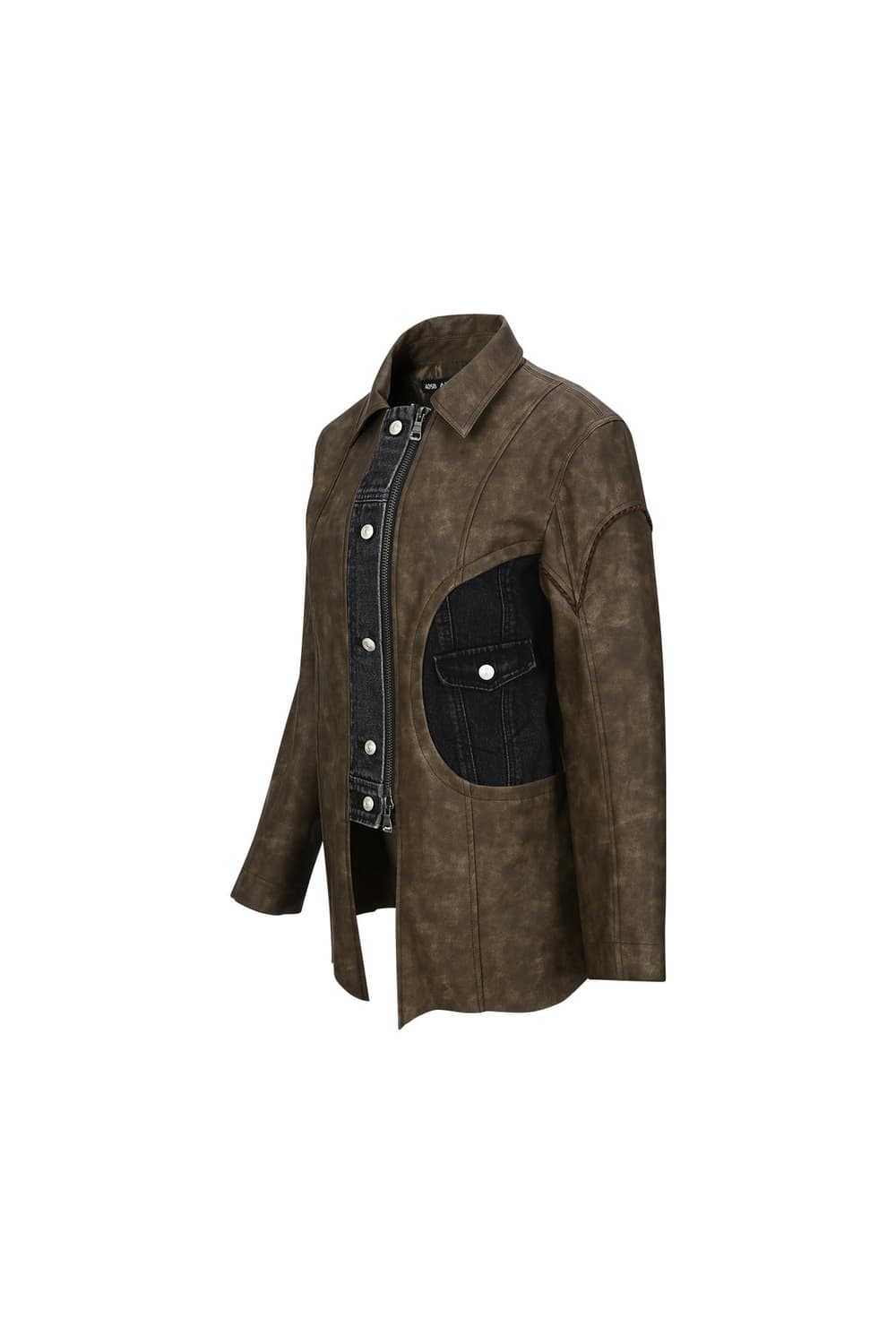 [M] 앤더슨벨 로우 컷 데님 트림 인조 가죽 자켓 (브라운) 상품이미지3