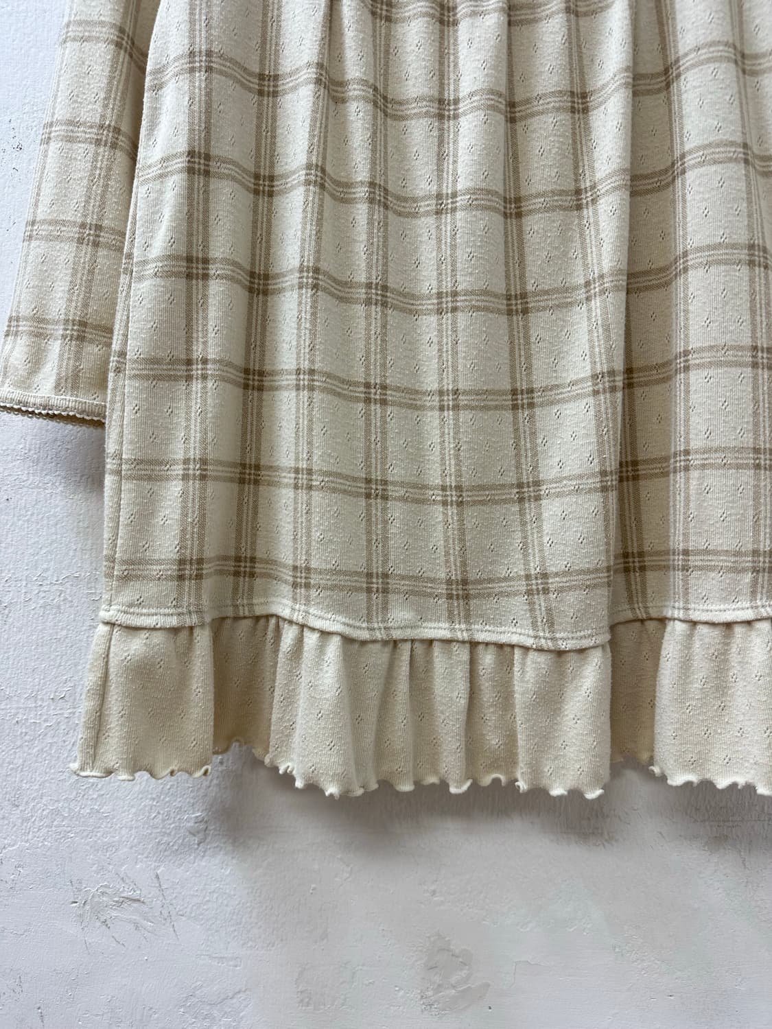 일본빈티지 THEORIA 아이보리 체크 스모크 레이스 디테일 긴팔티셔츠 상품이미지4