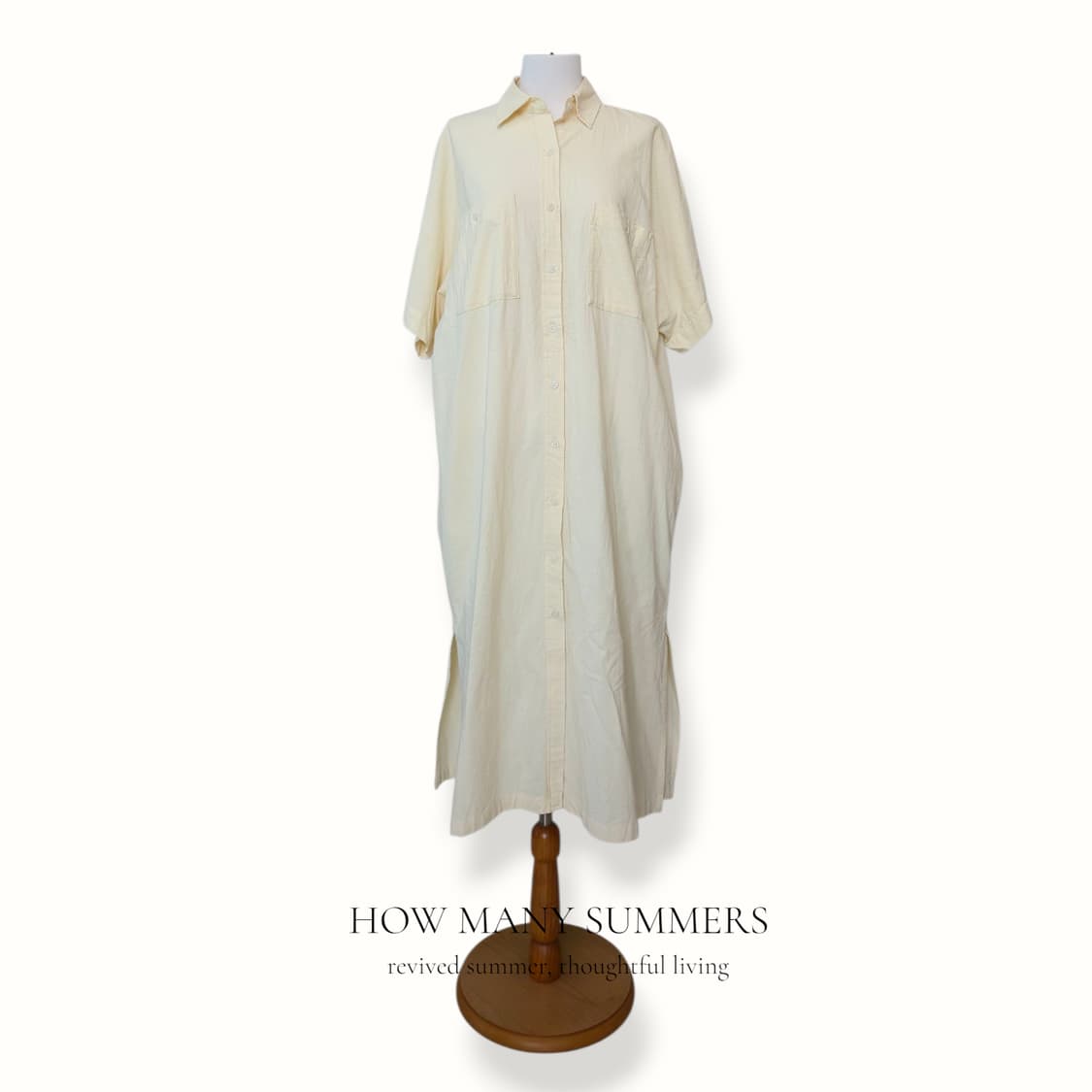 면 셔츠 롱 원피스 크림 반팔 투포켓 옆트임 상품이미지1