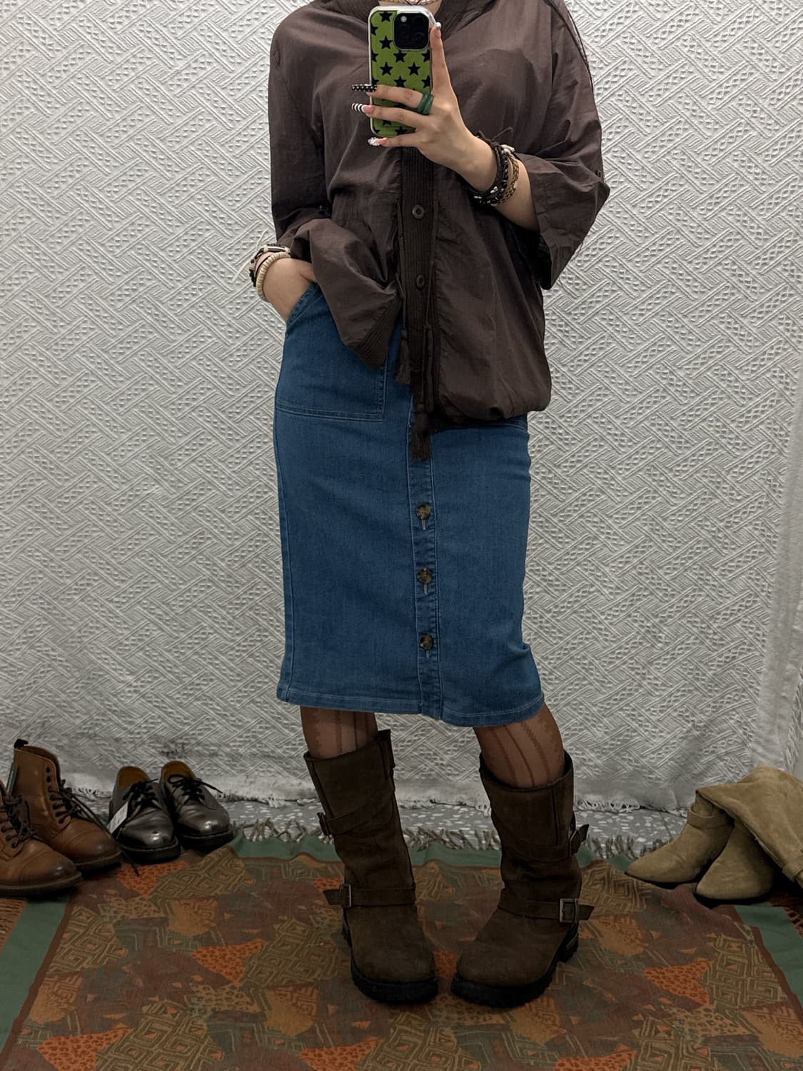 빈티지 스프링 캐주얼 버튼 빅포켓 데님 롱스커트 K0035 상품이미지1