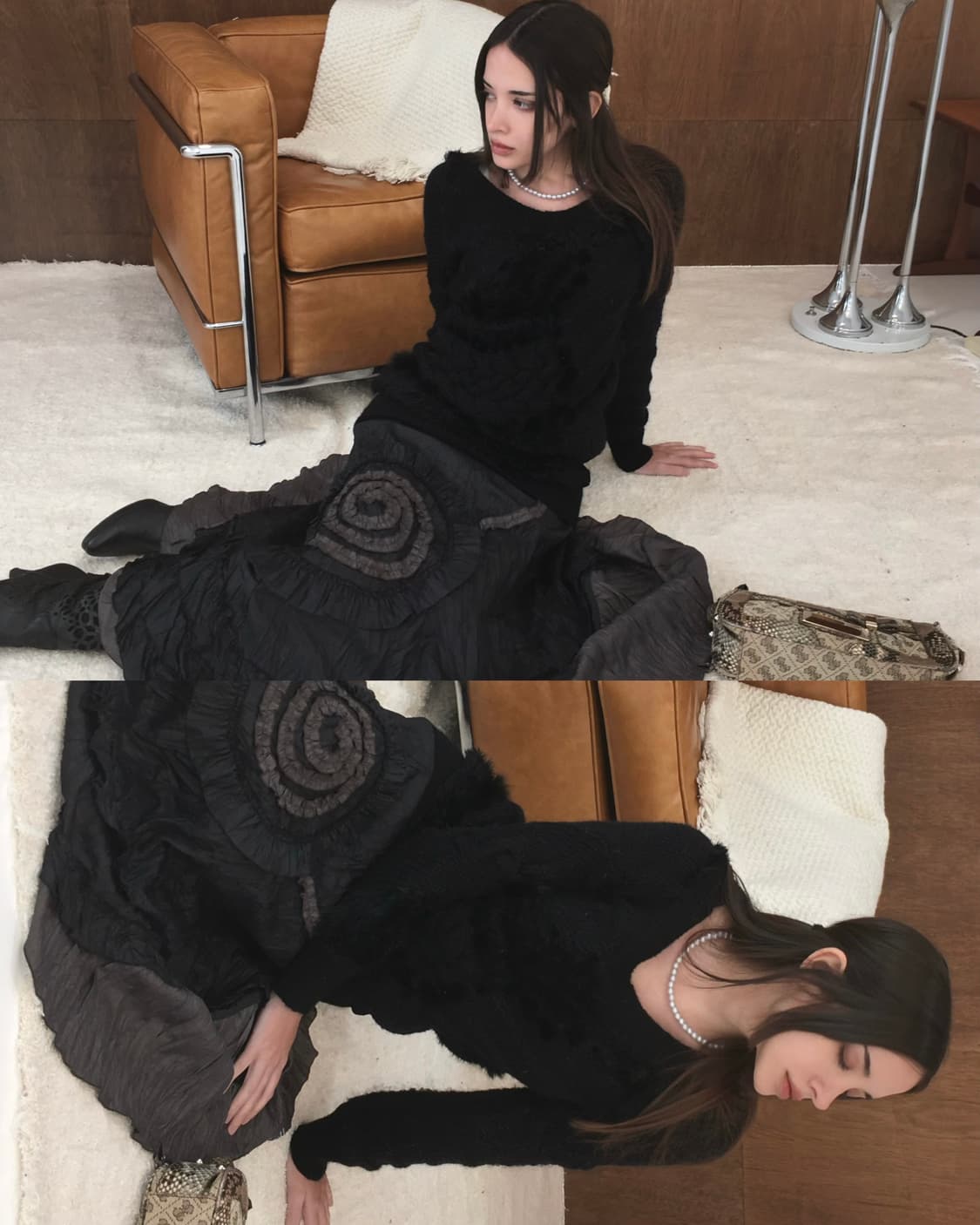 Obzee black rabbit fur trimming wool ops 상품이미지3