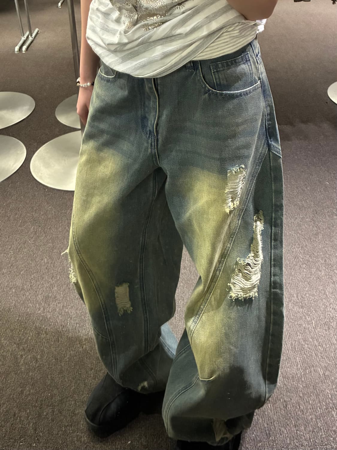 XS)Japanese vintage 여성 데미지 와이드 데님팬츠 상품이미지2