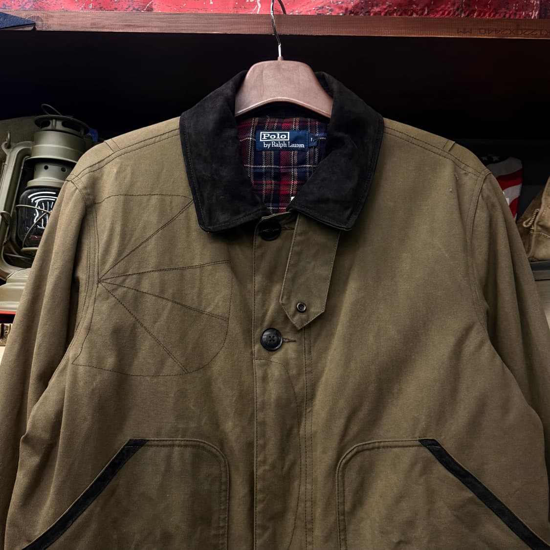 Rare 90s 폴로 랄프로렌 오일클로스 체크 라이닝 투웨이 왁스 자켓 상품이미지3