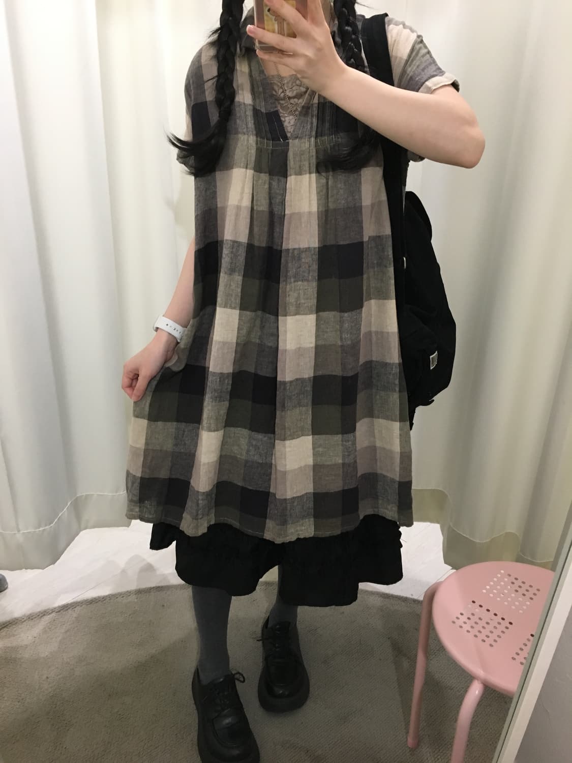 모리걸 브이넥 체크 원피스 상품이미지2