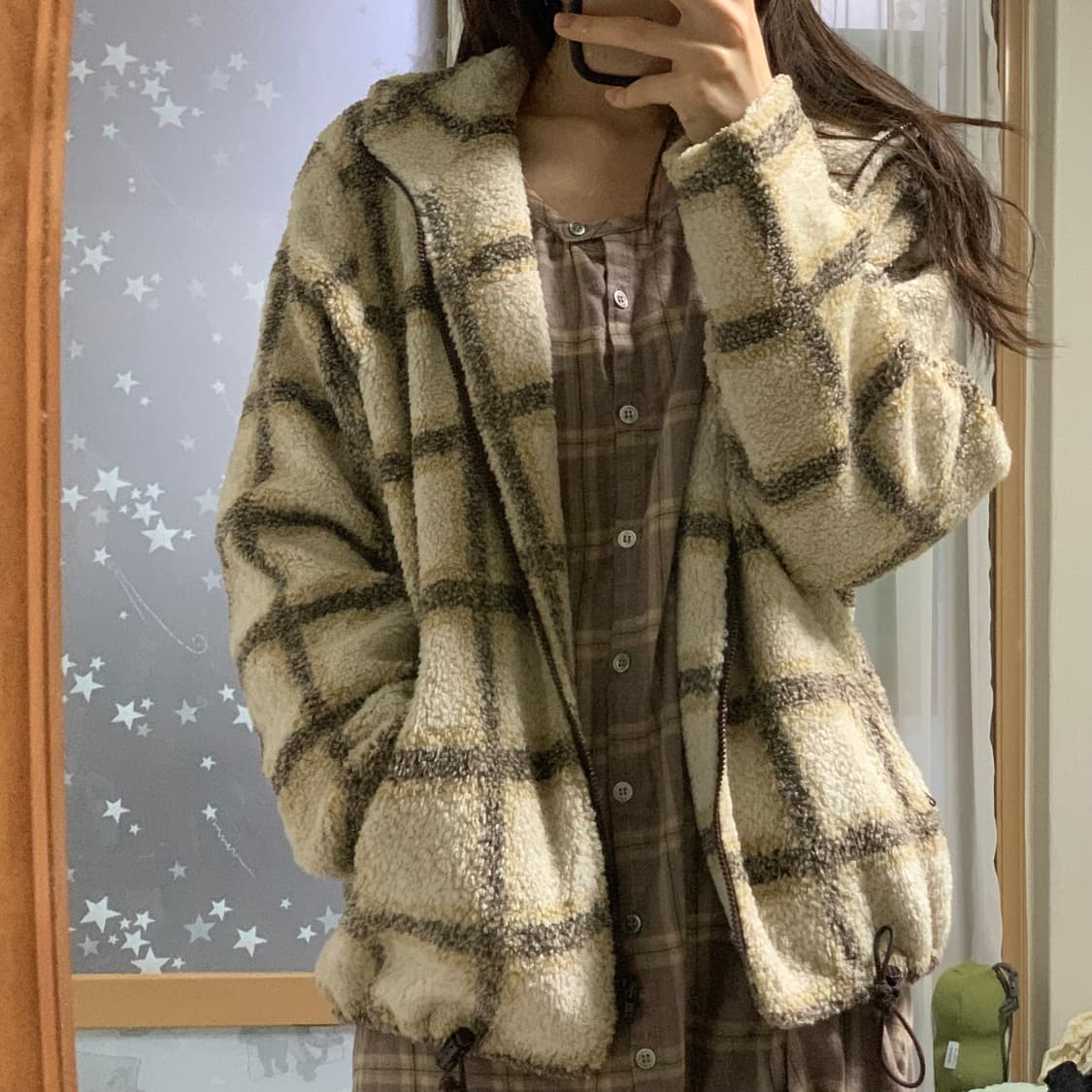 일본 빈티지 모리걸 브라운 체크 후리스 플리스 점퍼 모카무스 상품이미지4