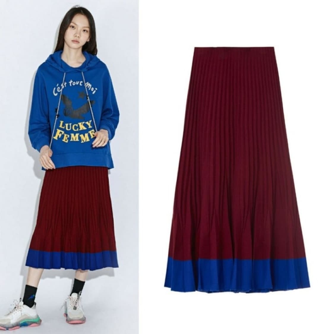 럭키슈에뜨 니트 롱 플리츠 스커트 치마 버건디 블루 상품이미지4