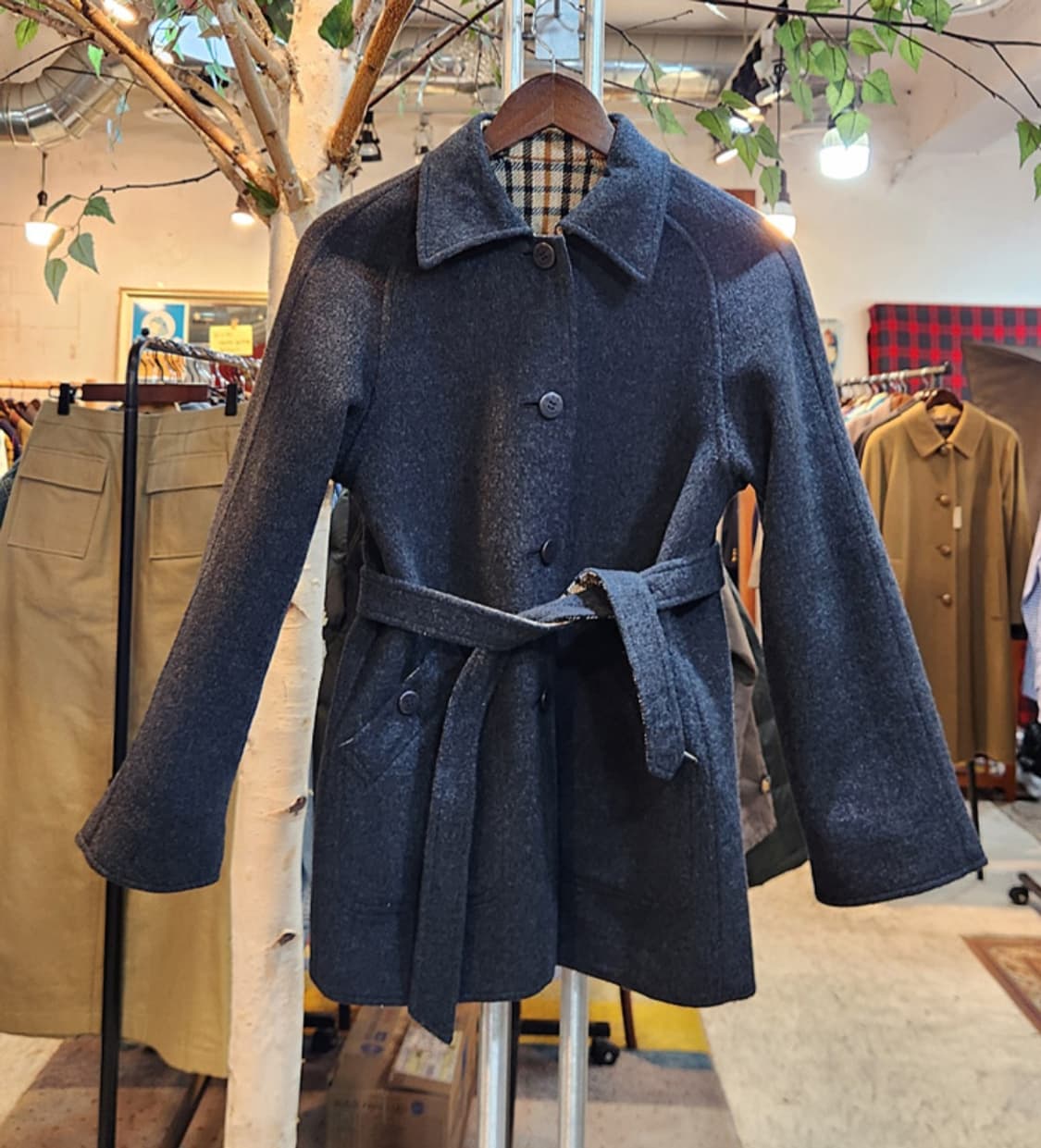 DAKS 닥스 일본판 울 블렌드 리버시블 (양면) 체크 벨트 빈티지 코트 상품이미지7