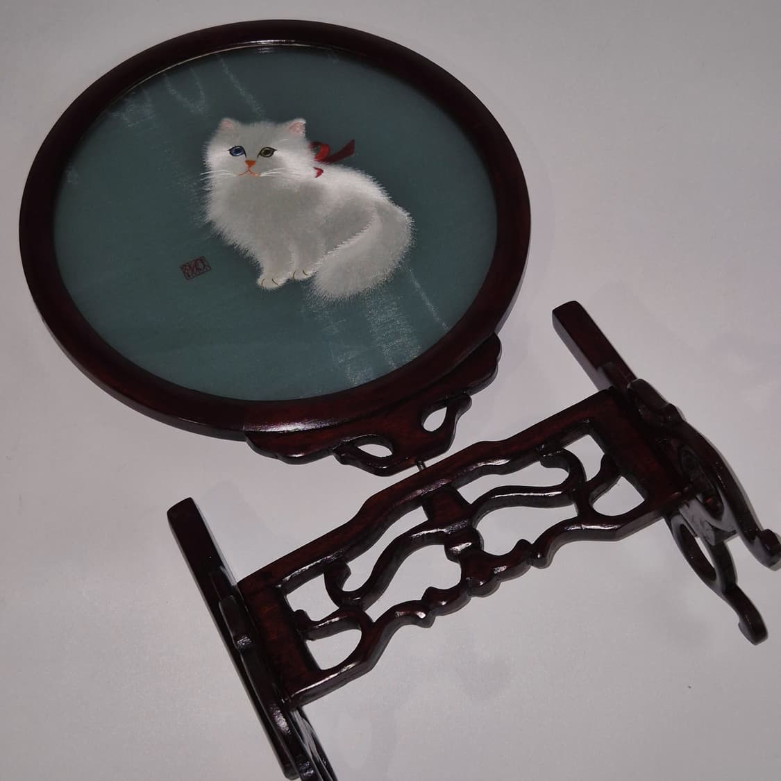 70s 쑤저우 전통 자수 옻칠 나무 고양이 돔 장식 상품이미지9