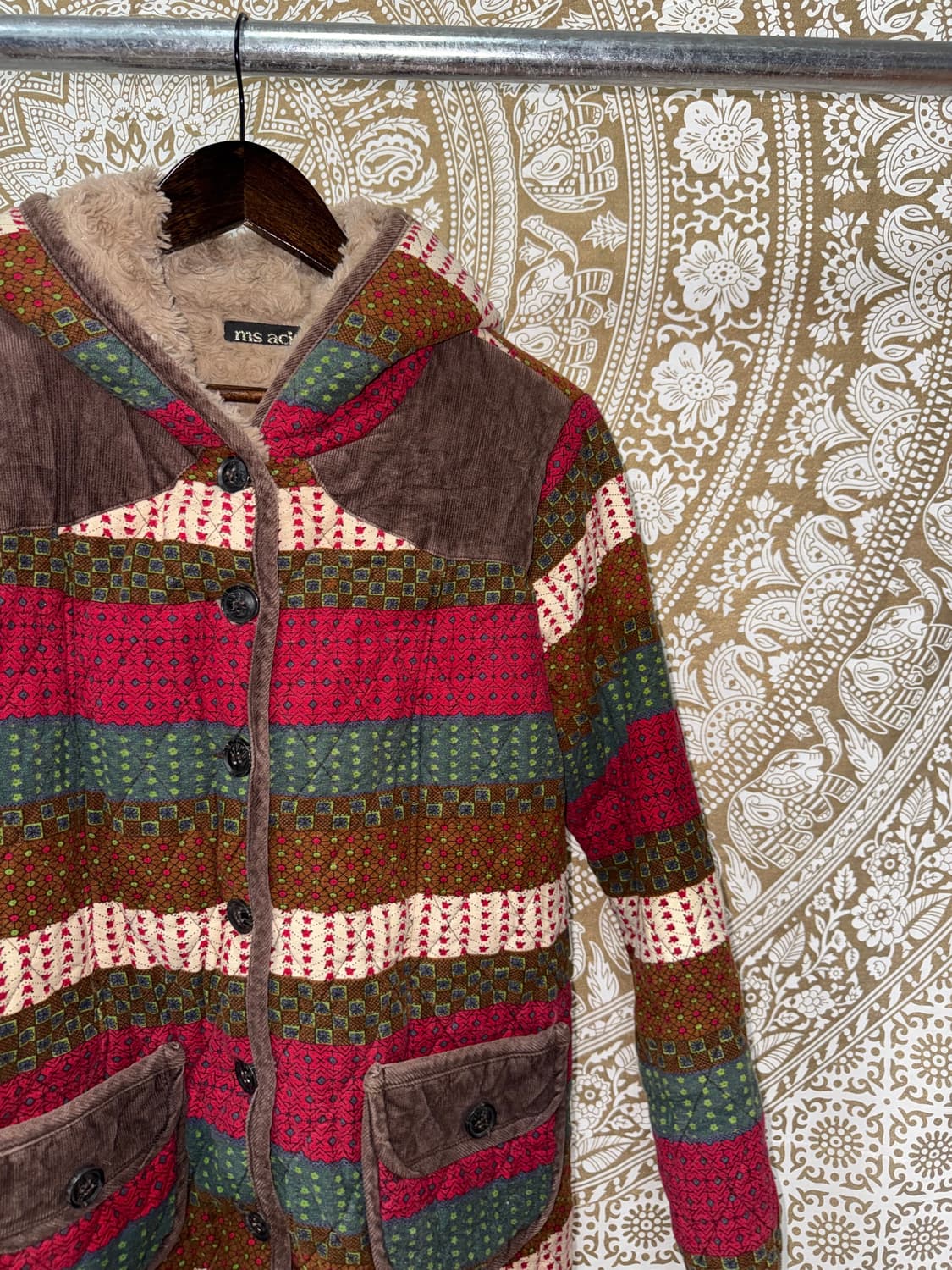 빈티지 패턴 양털 기모 엘보패치 롱 점퍼  상품이미지4