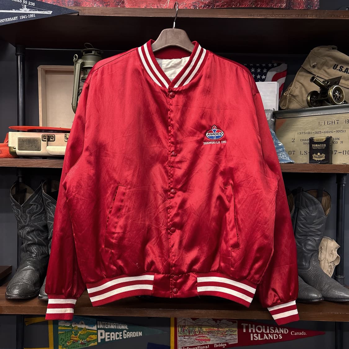 90s VINTAGE 아모코 네이티브 인디언 사틴 바시티자켓 N935 상품이미지1