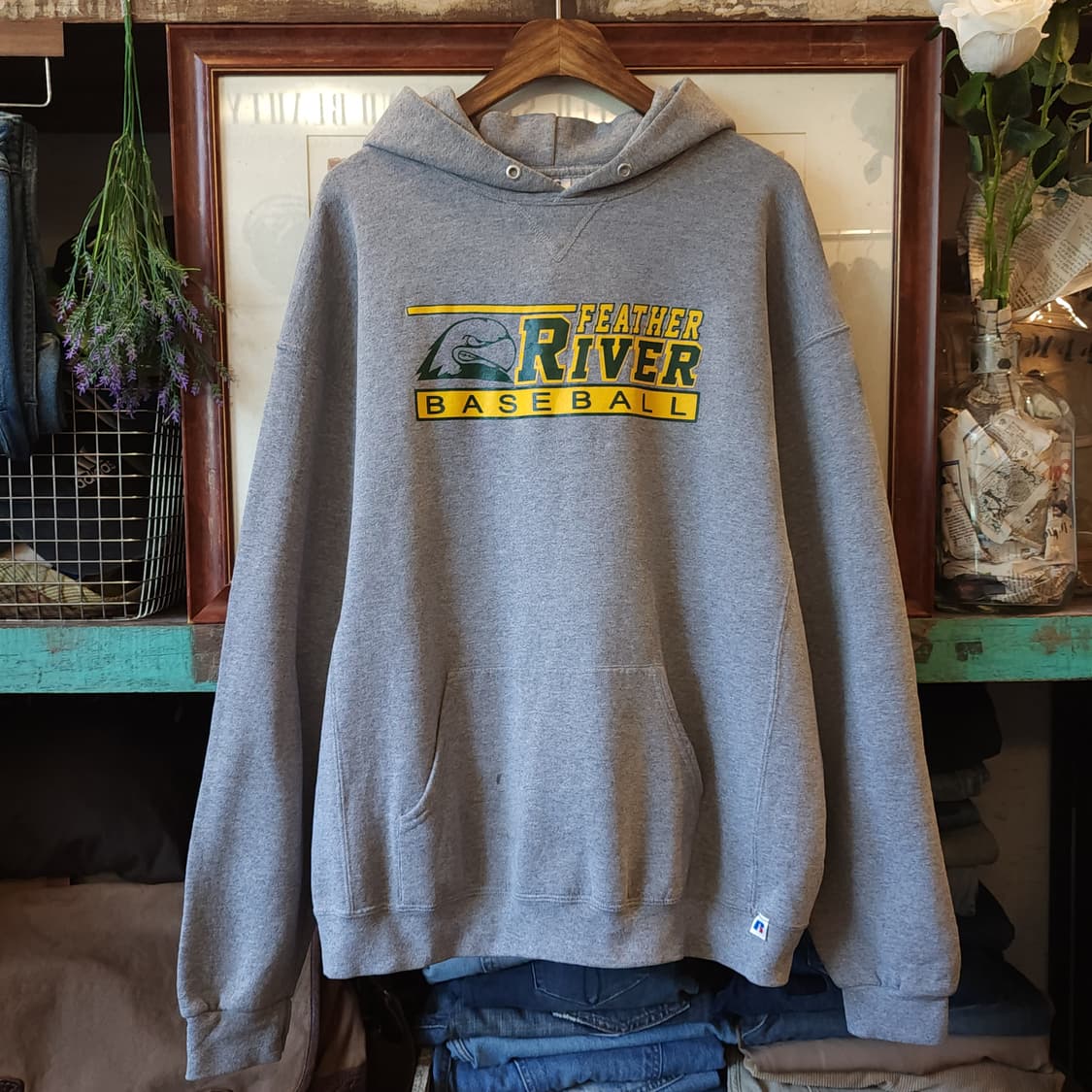 90s 러셀 후드 스웻셔츠 리버 빈티지 레터링 그레이XL 상품이미지1