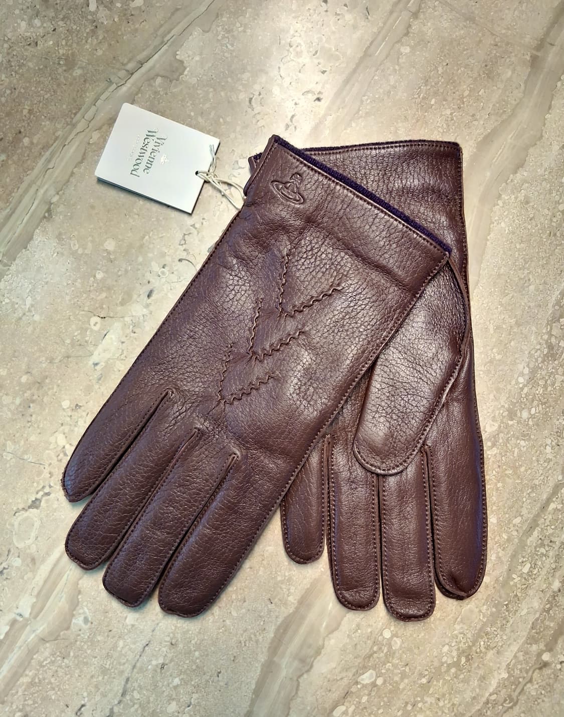 비비안웨스트우드 남성용 V 스티치 가죽 장갑 브라운 (새상품) 상품이미지4