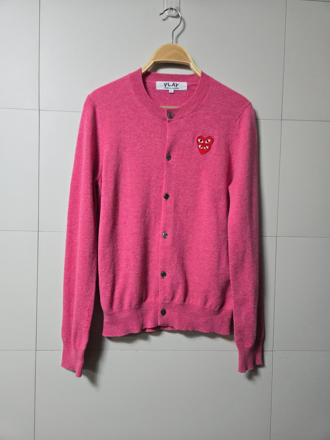 꼼데가르송 더블하트 핑크 가디건 (표기L) 실측  55반 상품이미지5
