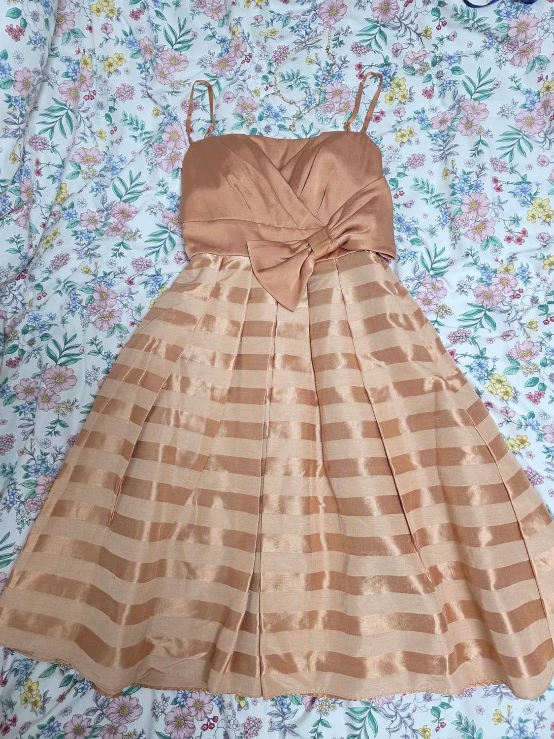 일본빈티지)빅리본 골드오렌지브라운 스트라이프 코르셋 새틴파티걸드레스 상품이미지3