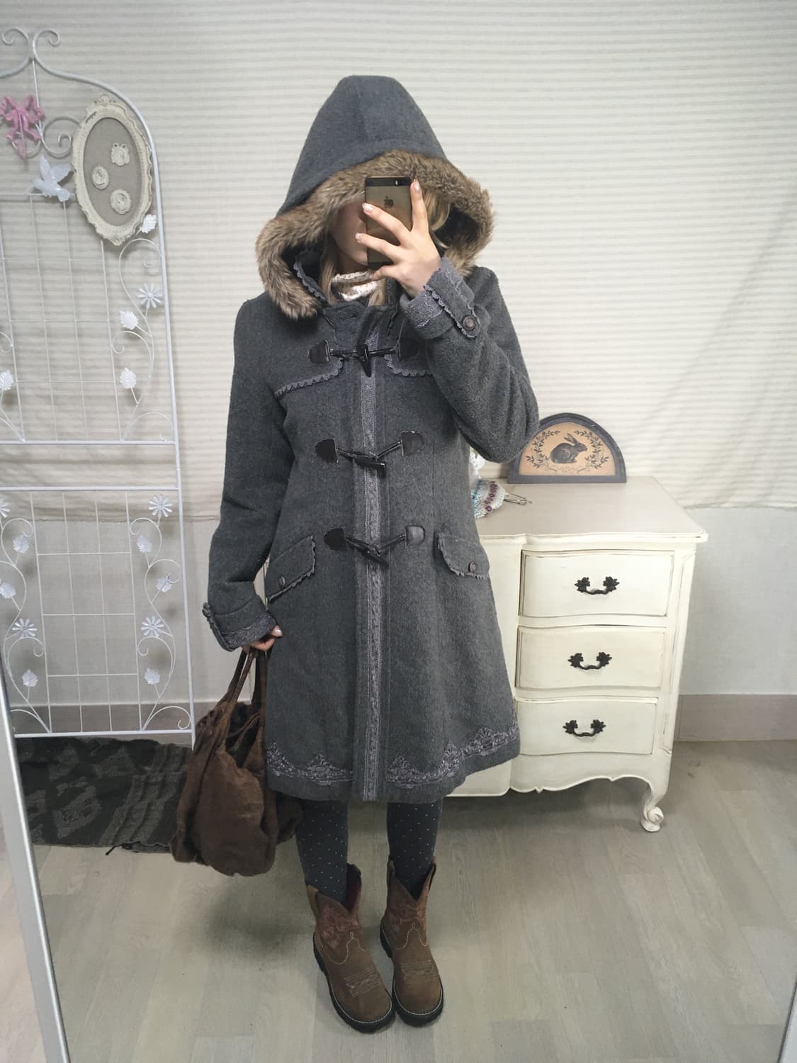 Axe Femme 후드 퍼 떡볶이 코트 그레이 상품이미지1