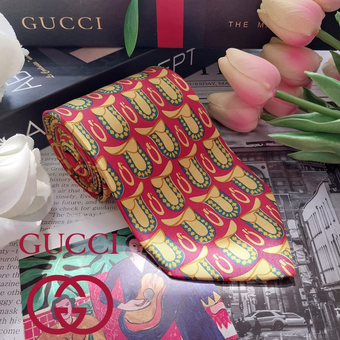 구찌 레드 승마 모티브 패턴 넥타이 9.2cm A+~A등급 K2469 상품이미지1