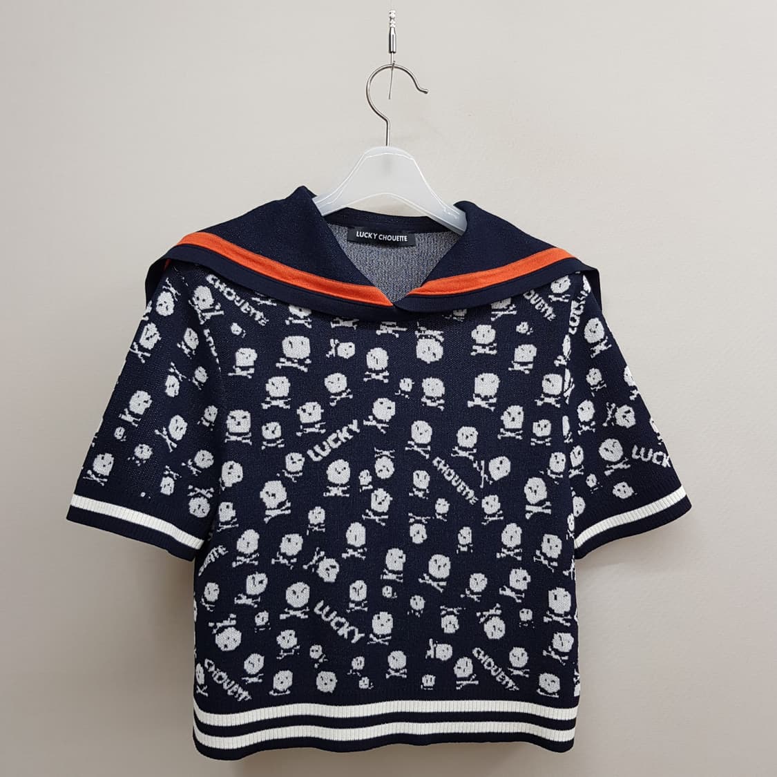 럭키슈에뜨 2022 세일러 카라 스마일 패턴 반팔 니트 F사이즈 상품이미지1