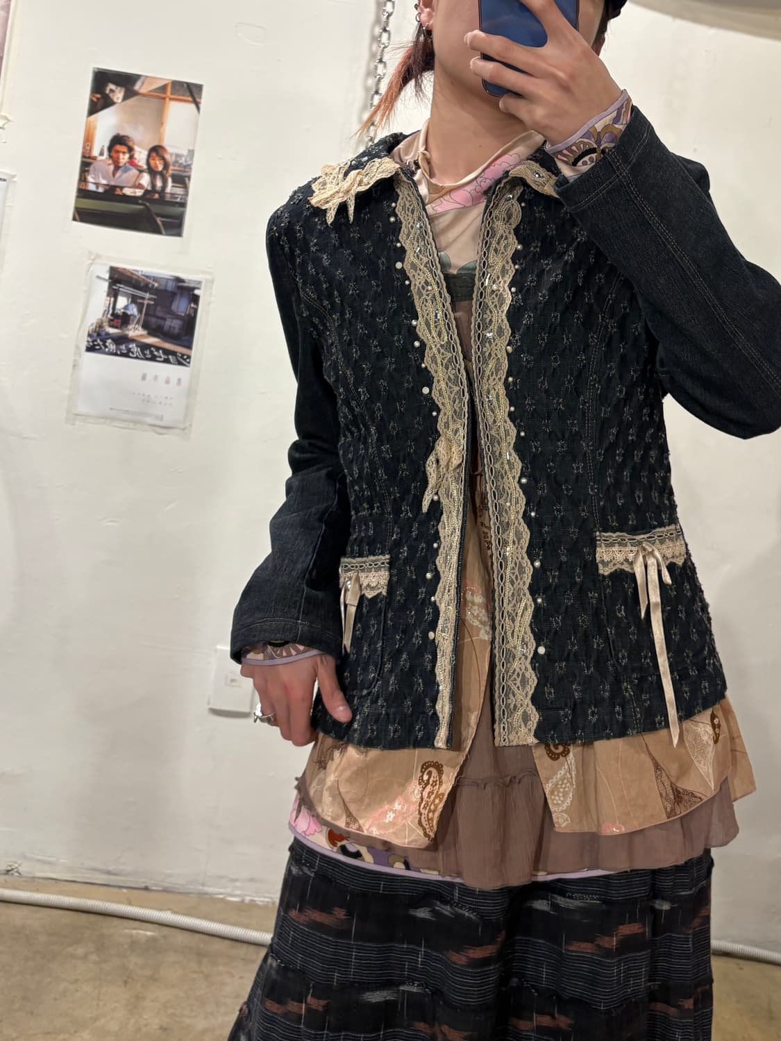 플라워 데미지 패턴 레이스 펄 데님 자켓 모리 러블리 오리엔탈 상품이미지6