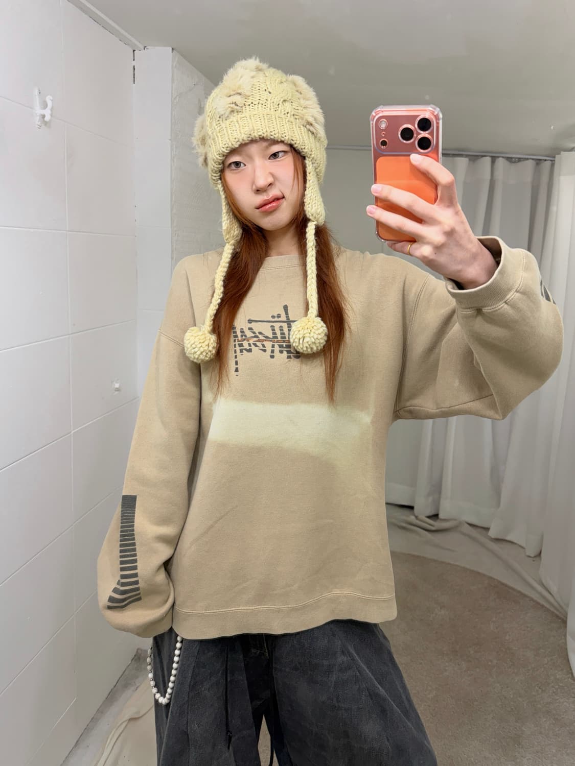 스투시 베이지 소매 프린팅 크루넥 맨투맨 스웻셔츠 상품이미지2