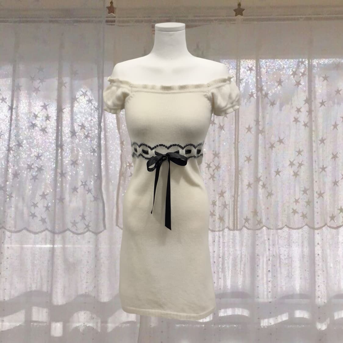 일본 빈티지 아이보리 앙고라 니트 오프숄더 원피스 달천 갸루 상품이미지3