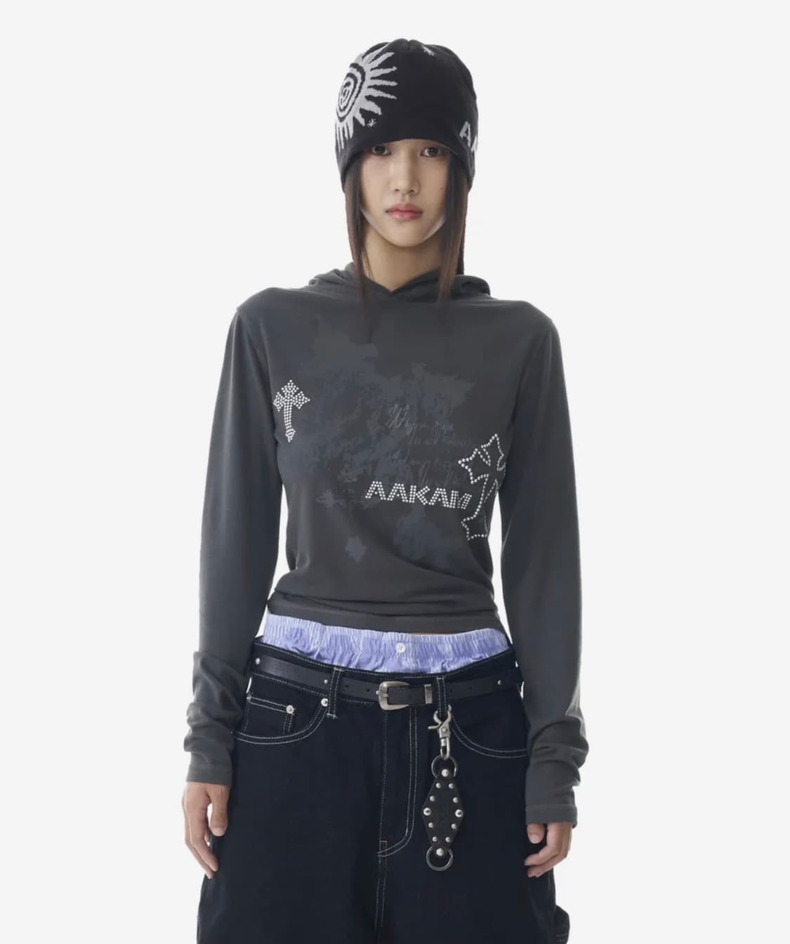 아캄 스터드 크로스 후드 롱슬리브 다크그레이 2사이즈 상품이미지1