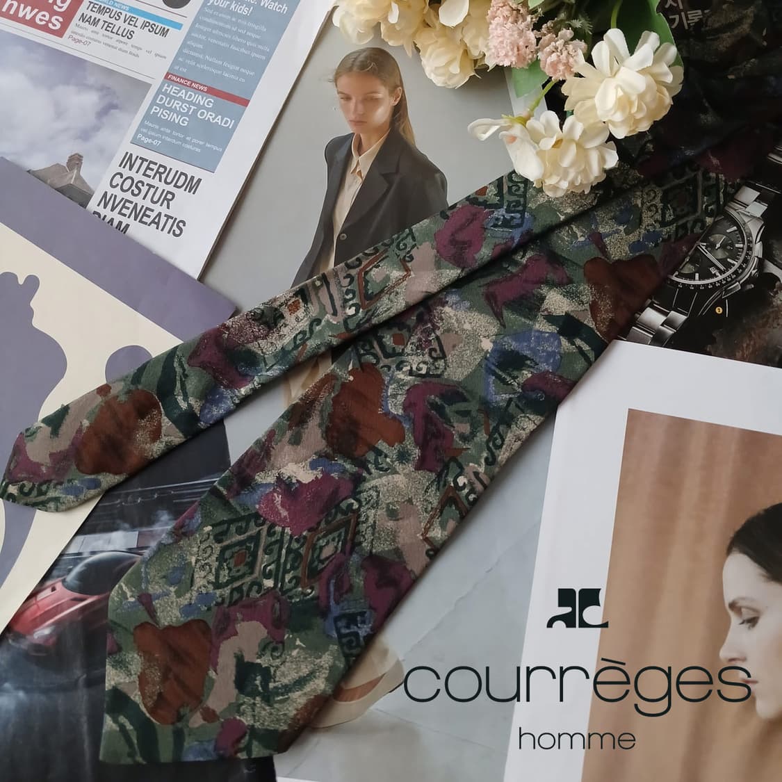 꾸레쥬 실크 다크그린 아트 패턴 넥타이 9.5cm A+등급 A19383
 상품이미지2