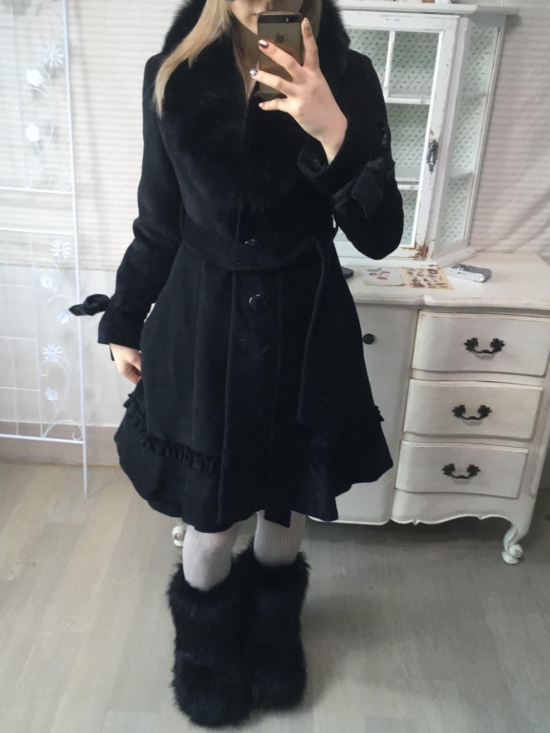 jpn vintage black fur collar frill coat 상품이미지3
