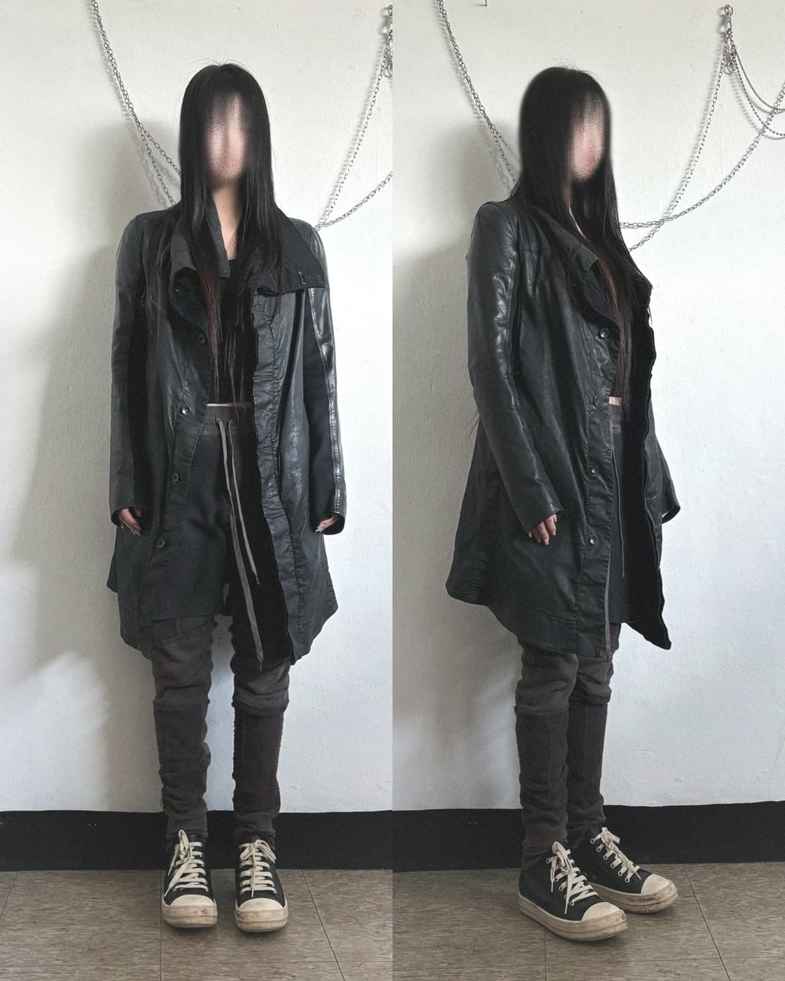 릭오웬스 하이넥 드레이프 왁스코튼 레더슬리브 코트 상품이미지1