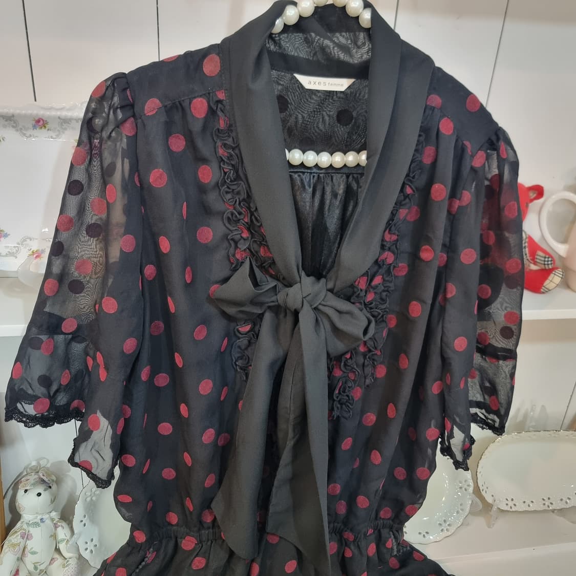 엑시즈팜 플로키 도트 쉬폰 리본 원피스 상품이미지4