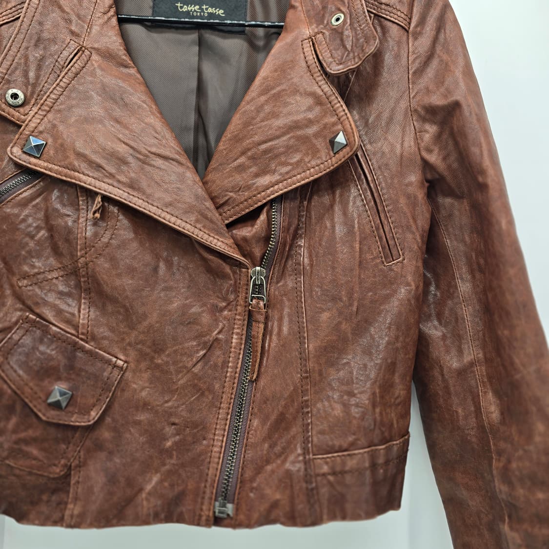 브라운 레더 크롭 라이더 자켓 XS 상품이미지4