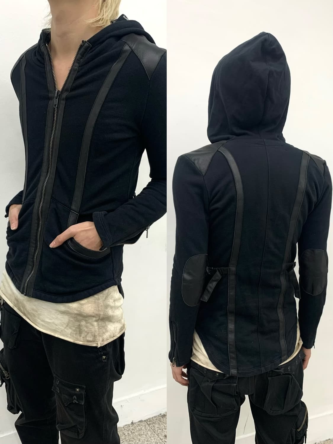 Leather strap unbalanced hoodie 상품이미지1