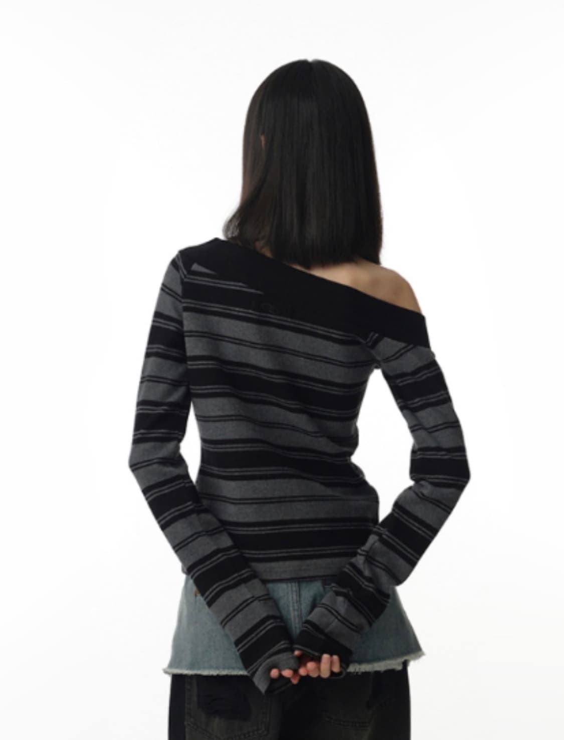 MILLO WOMEN 스트라이프 오프숄더 티셔츠 상품이미지2