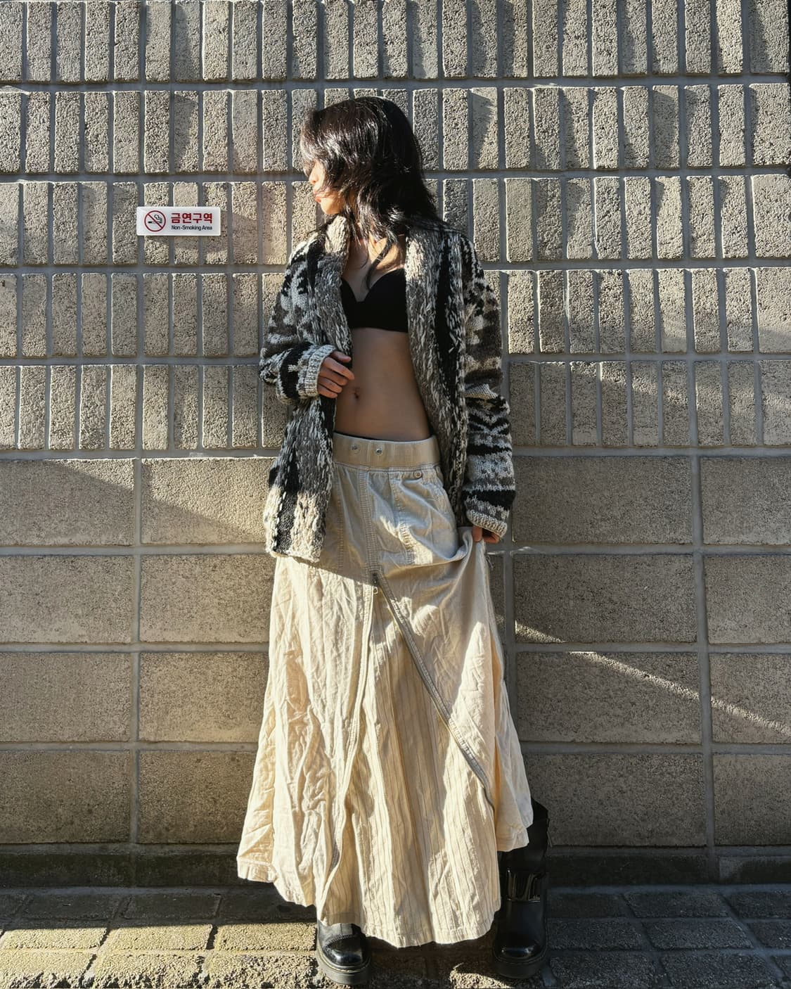 고아 멀티버튼 아이보리 밴딩 롱 스커트 상품이미지2