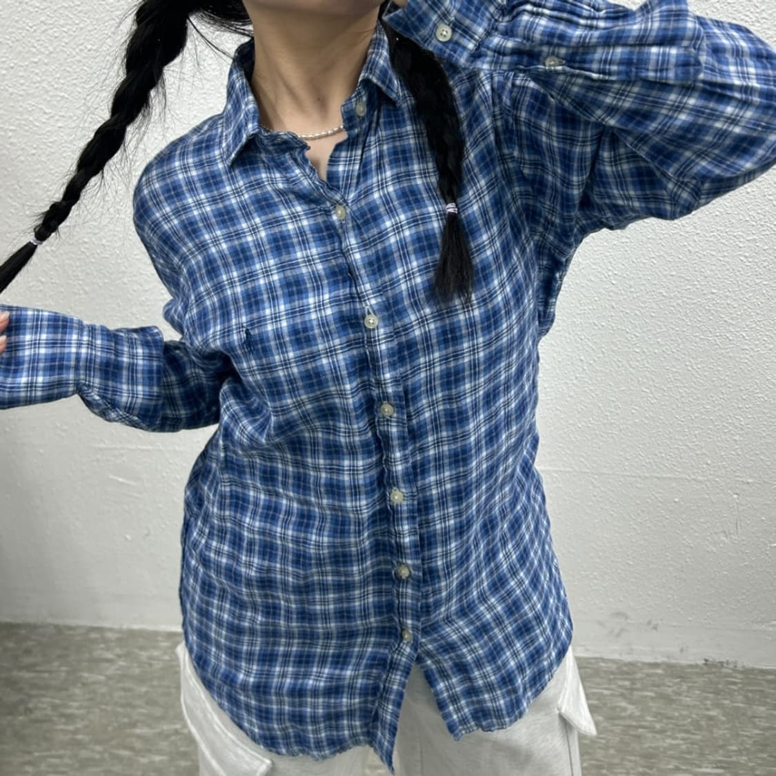 폴로 랄프로렌 네이비포니 블루 체크 린넨 셔츠 M 상품이미지5
