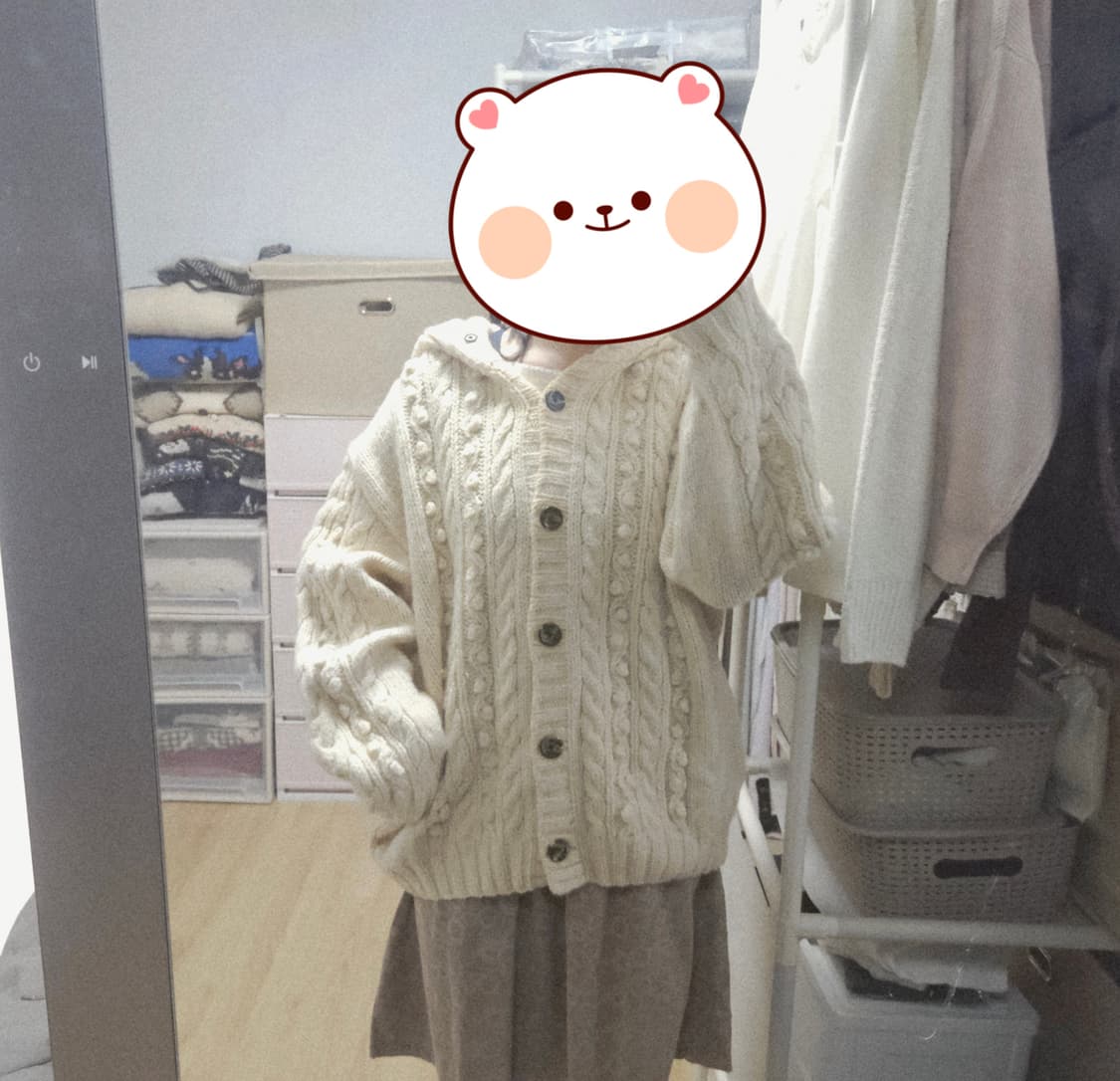 [착용샷] 빈티지 모리걸 코디세트 아이보리 후드 니트가디건 상품이미지3