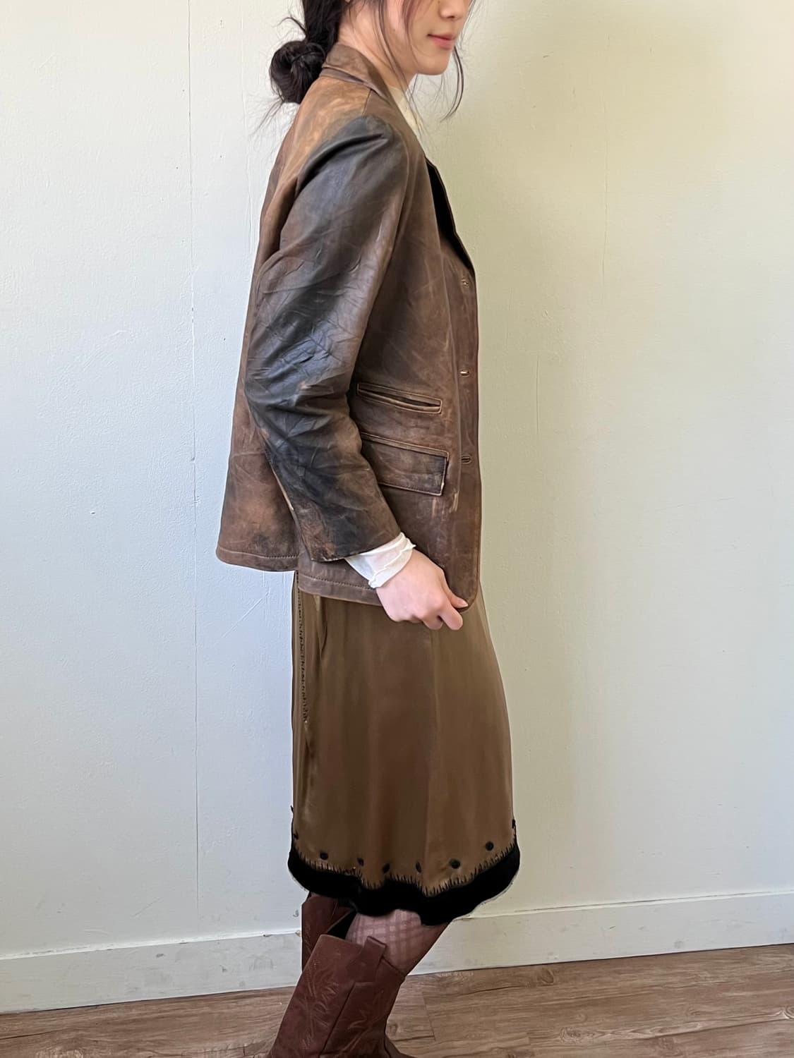 90‘s COCO PALMS 브라운 워싱 레더 자켓 상품이미지6