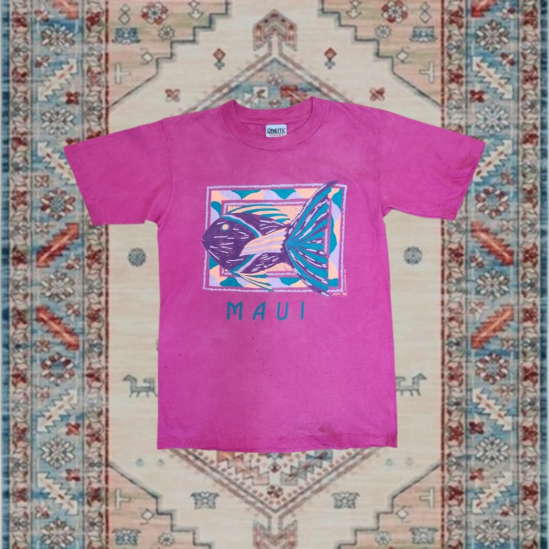 90s 🇺🇸 Fish 그래픽 빈티지 핑크 티셔츠 (M) 상품이미지1