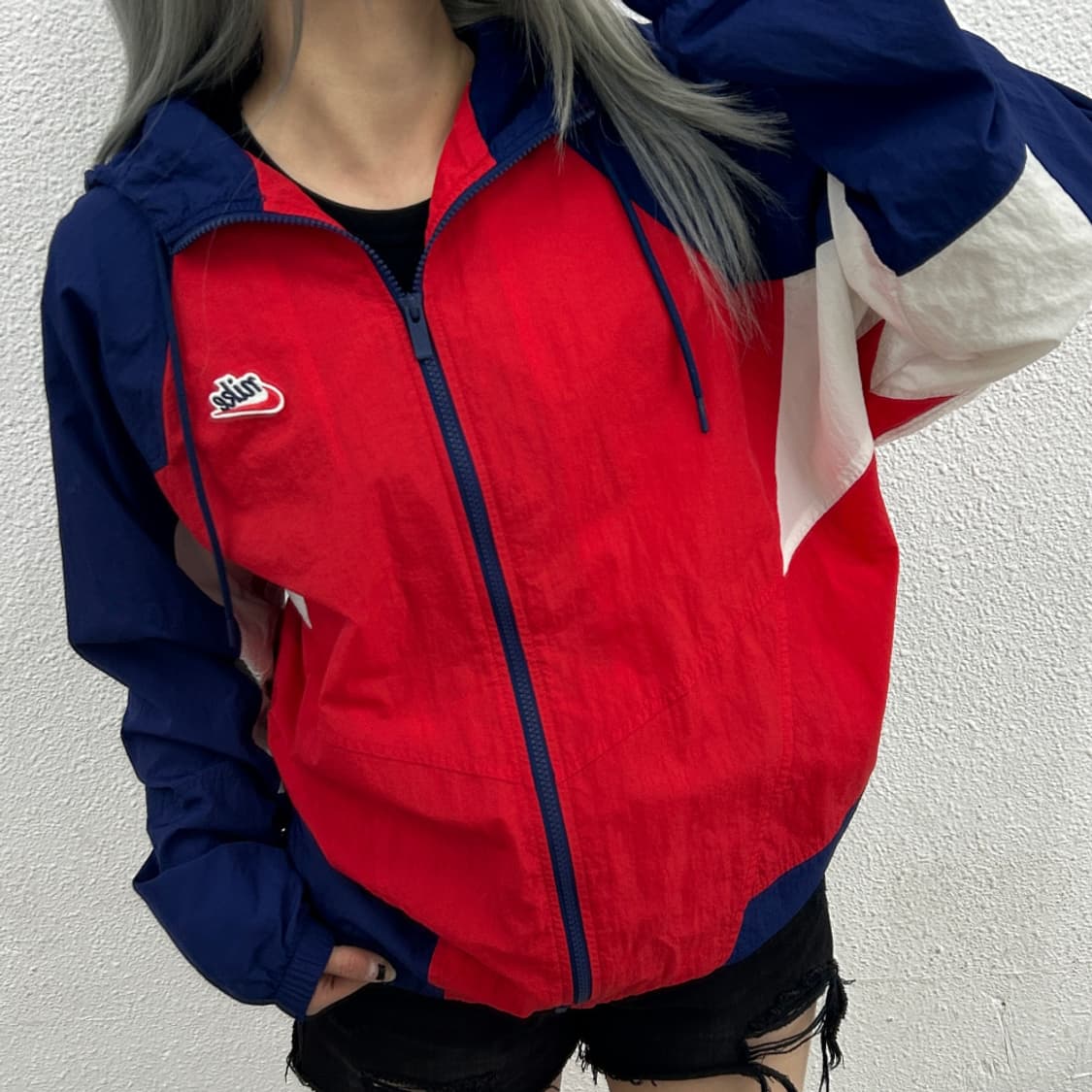 나이키 미니로고 네이비 배색 레드 후드 바람막이 XL 상품이미지1