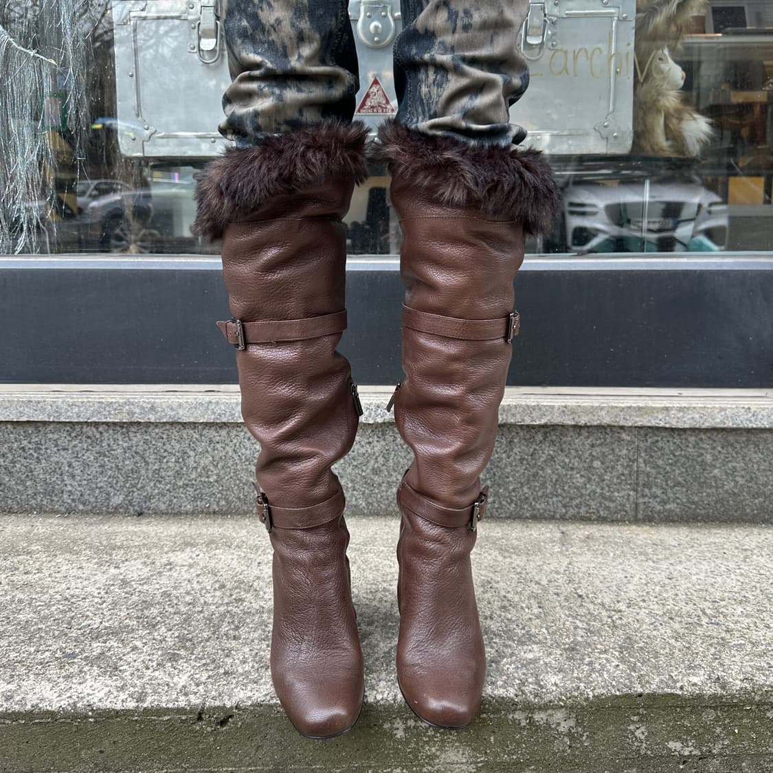 00s 마이클 코어스 웨지 퍼 & 가죽 롱부츠 상품이미지7