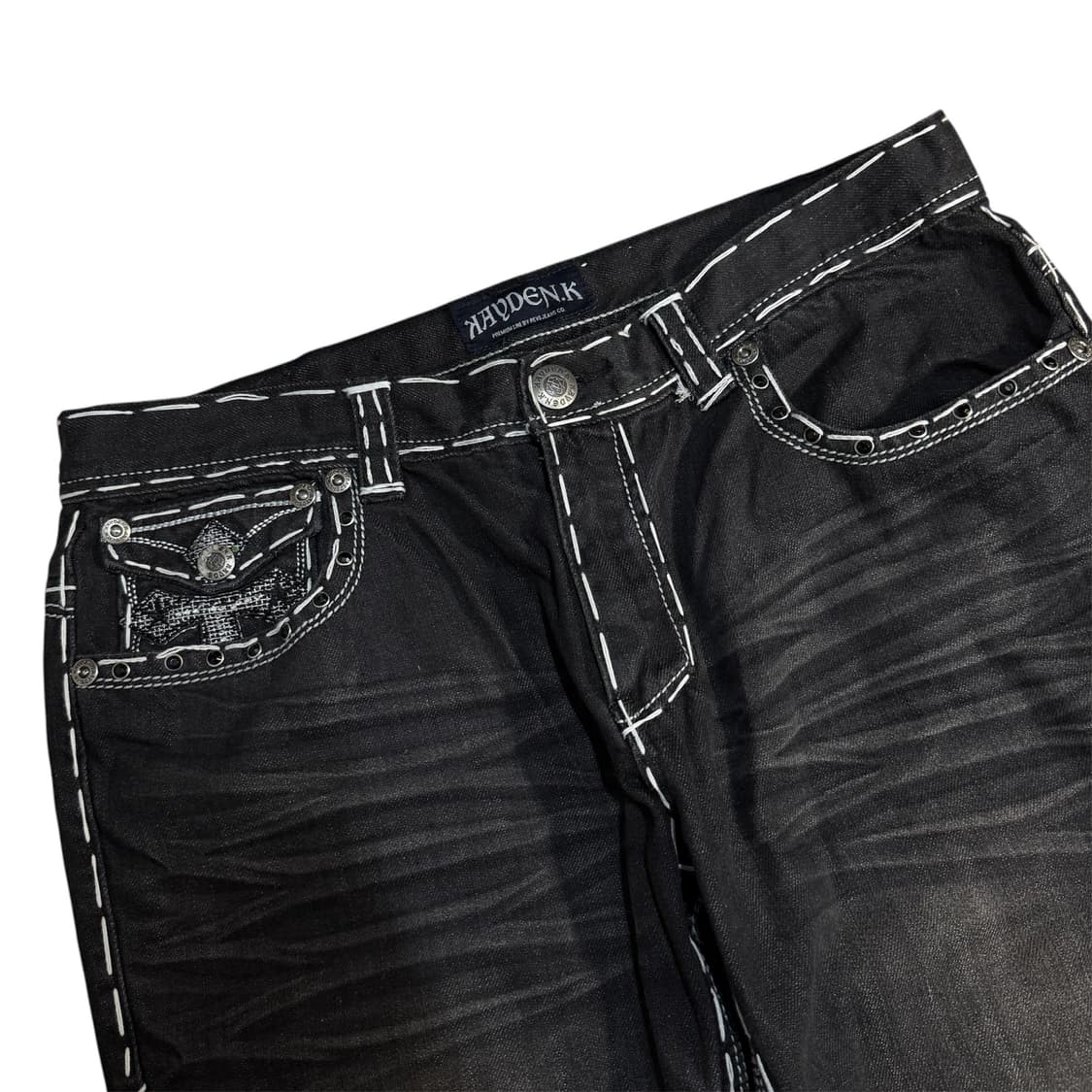 Y2K 락 펑크 윙 트루맛 자수 새깅 흑청 데님팬츠 상품이미지3