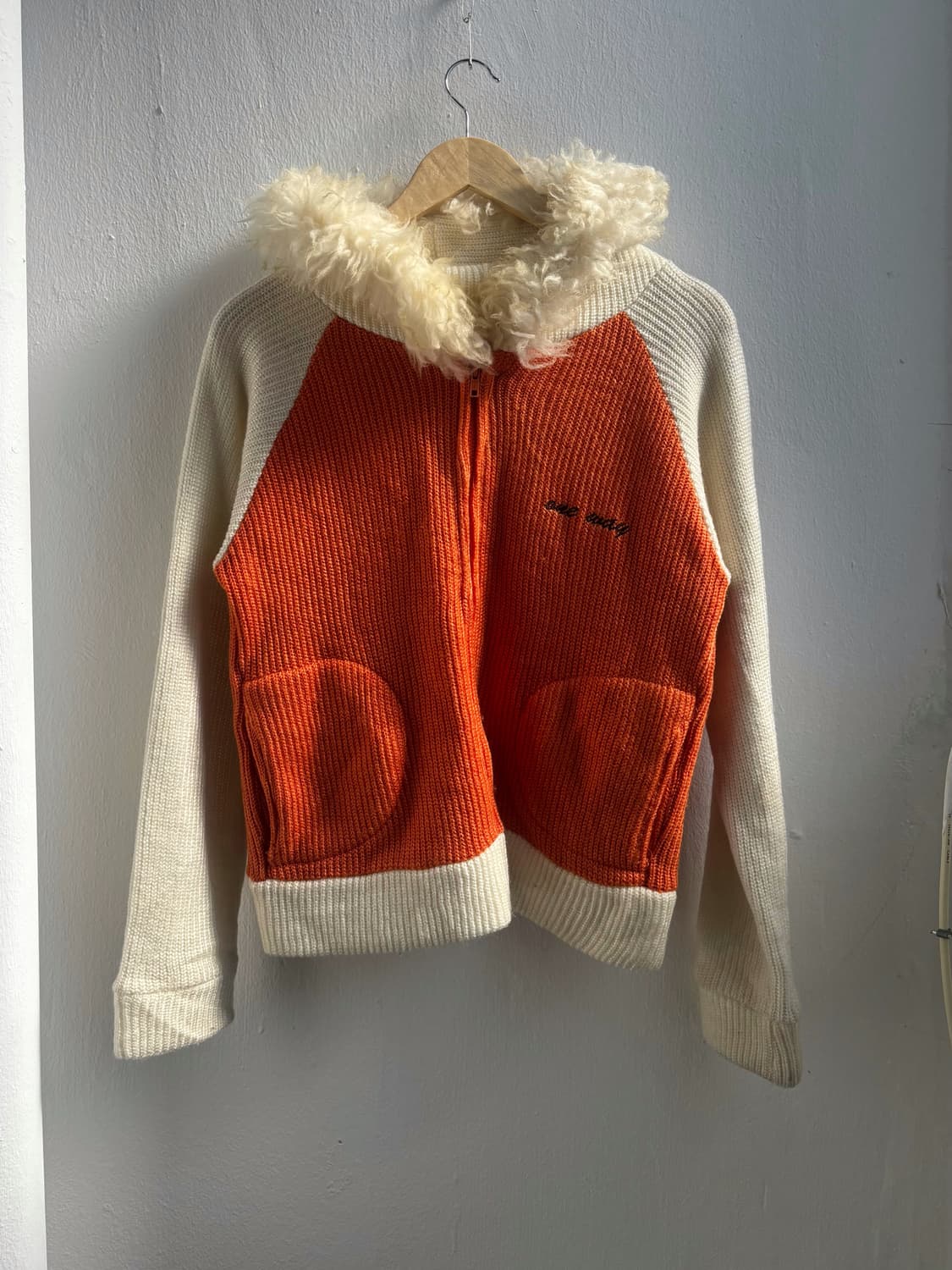Vintage Orange Knit Fur-Trim Hood Zip-Up 상품이미지1