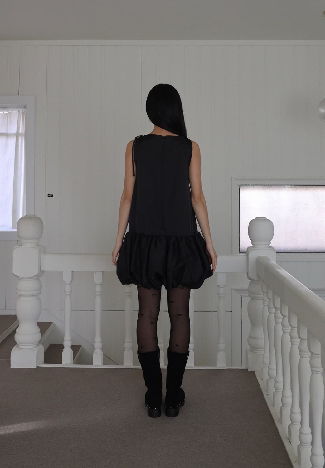 르콩 벌룬 새틴 미니드레스 블랙 상품이미지4