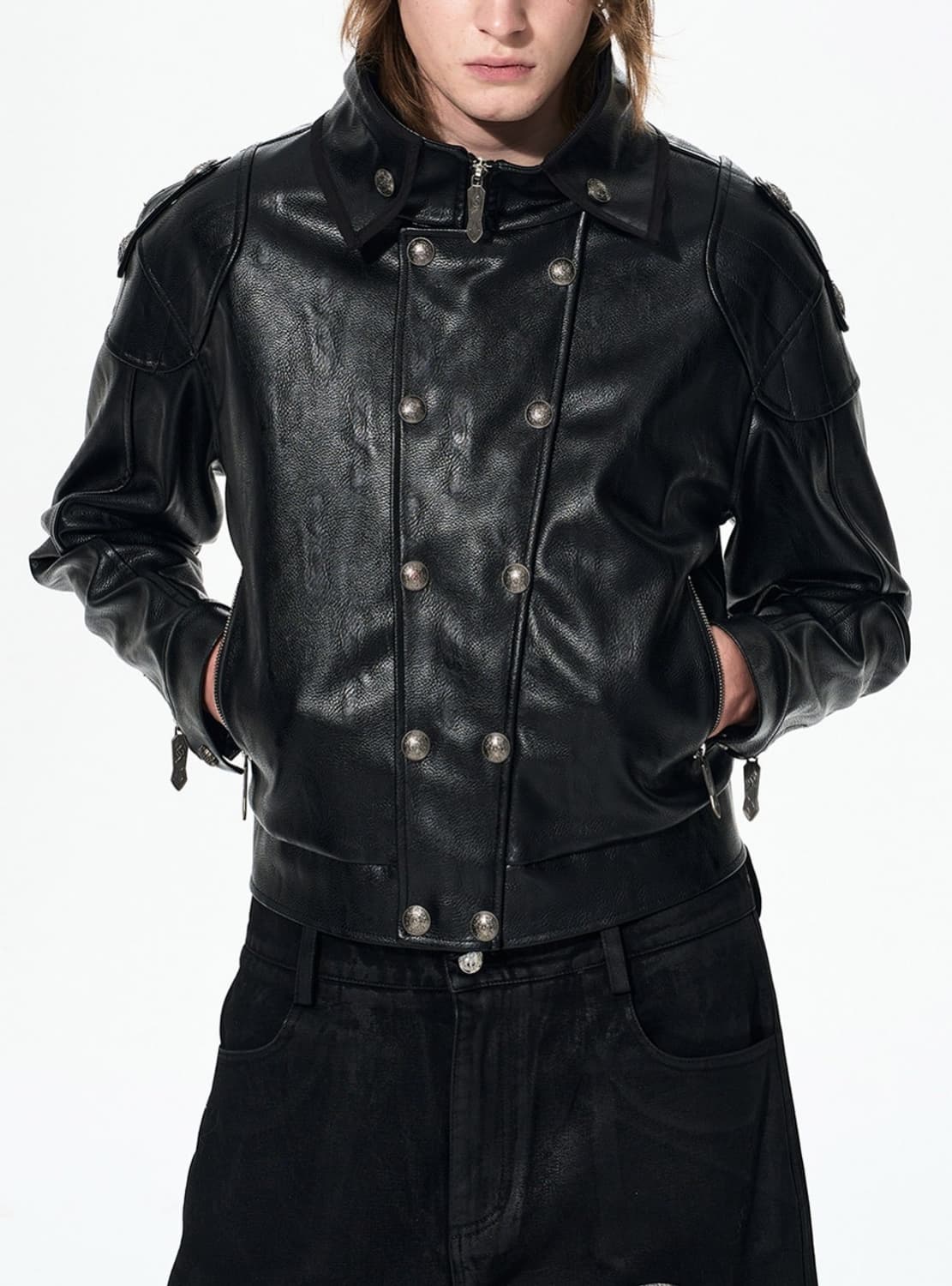 Skull Appliqué Leather Jacket 상품이미지2